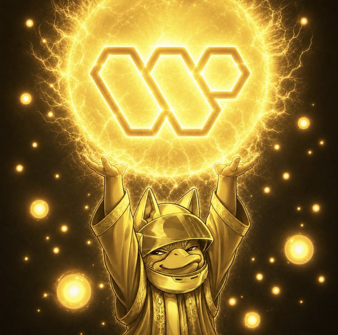 In this digital art piece, there's an illustration of a person wearing a golden costume holding aloft something that glows with a radiant yellow hue. The image also features gold and white accents throughout the composition, giving it a vibrant and energetic feel. The caption reads "Good afternoon Quackers Just checked my eligibility for the @wallchain x Krakenfx campaign. 500 INK points for your first trade + Quacks on top is a real double incentive you're getting rewarded in two separate ecosystems with one action." This post is promoting a trading event for the @wallchain x Krakenfx game, offering players rewards if they are qualified and ready to participate. The central figure of this illustration, dressed in a golden suit or costume, adds a unique visual element that further emphasizes the event's theme.