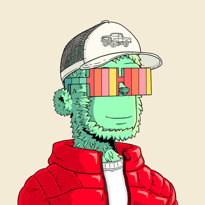 A digital illustration of a green-skinned character with a beard wearing a red puffer jacket, a white trucker hat, and colorful glitch-style sunglasses.