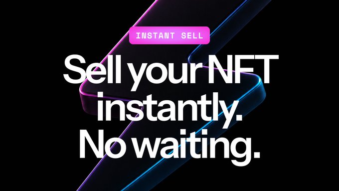 A sleek black promotional graphic featuring magenta and blue 3D ribbon accents, with the tagline "INSTANT SELL" displayed above large white text reading "Sell your NFT instantly. No waiting." The bold, minimalist design reinforces NFTX's promise of immediate NFT liquidity without the delays of traditional marketplace listings.