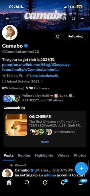 Twitter profile page for 'Camabo' (@CamaboLambo420) showing a verified account with the bio 'The year to get rich is 2026' and a link to pump.fun, based in Solana, FL with 5.3K followers.