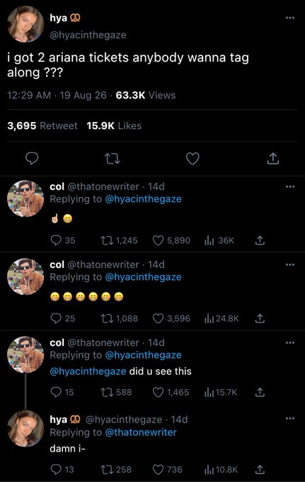 A screenshot of an X (formerly Twitter) thread where user @hyacinthegaze tweets 'i got 2 ariana tickets anybody wanna tag along ???', followed by a viral reply thread from @thatonewriter using peach emojis.