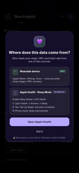 A mobile app screen titled 'Dino Insights' displays a prompt 'Where does this data come from?', explaining that Dino reads sleep, HRV, and heart rate data from a wearable device or Apple Health Sleep Mode.