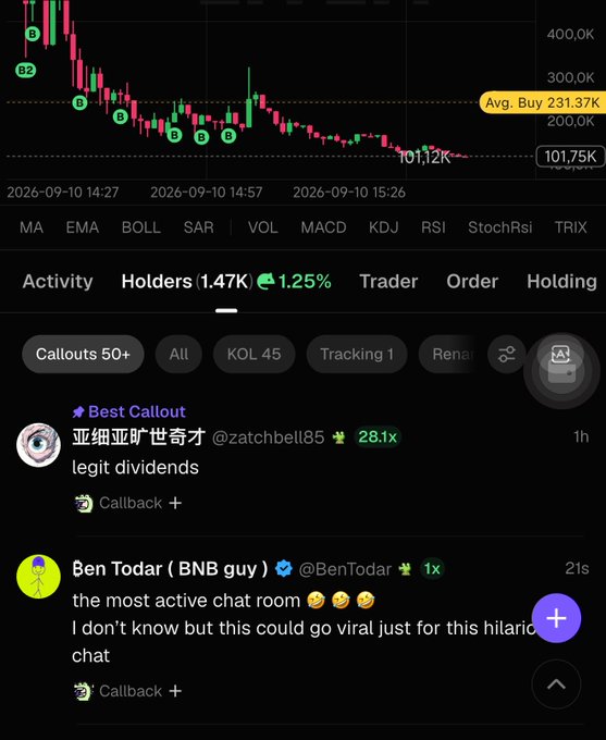 A cryptocurrency trading app screenshot shows a chart with declining prices and a chat feed discussing market activity and dividends.