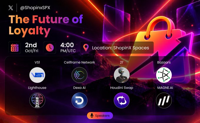 A vibrant event poster announces "The Future of Loyalty" on 2nd Oct/Fri at 4:00 PM/UTC via X (@ShopinxSPX), featuring eight speakers including VSI, Cellframe Network, 2!, BinancezARC, Lighthouse, Dexa AI, Houdini Swap, and MAGNE.AI, set against a neon-lit backdrop with a glowing padlock and upward arrow symbolizing security and growth—matching the post's teaser about discussing expired points, token-based rewards, and loyalty challenges.