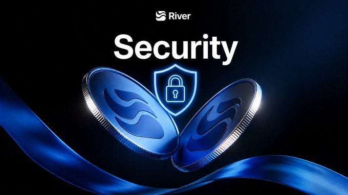 Promotional graphic for River featuring two metallic coins with the 'S' logo and a glowing security shield, emphasizing the platform's security features.