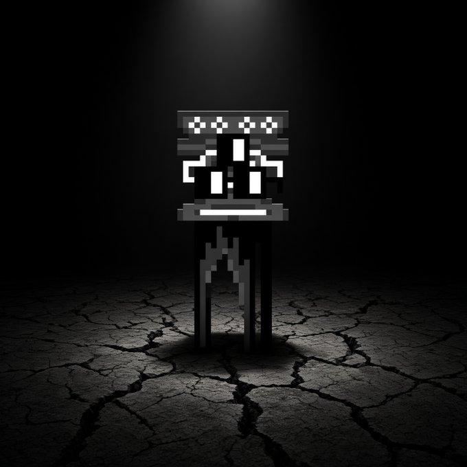 A pixelated monster sprite stands atop a black pedestal illuminated by a spotlight in a dark, cracked landscape.