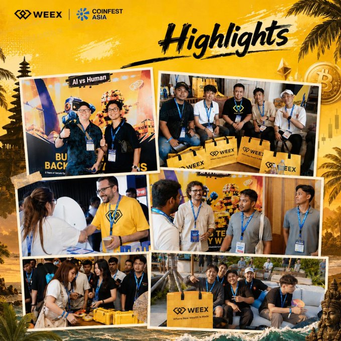 A 'Highlights' collage from WEEX at Coinfest Asia, featuring multiple photos of people at the event with branded merchandise and a 'We Are Back' themed backdrop.