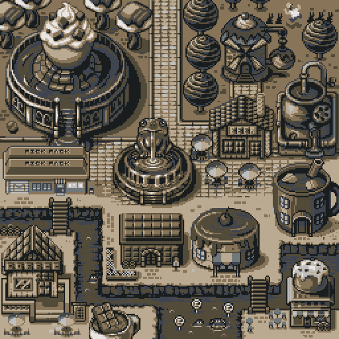 A sepia-toned pixel art map of a quirky town featuring buildings shaped like desserts, cups, and sweets.