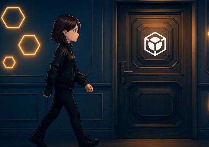 An animated-style illustration shows a young person in dark clothing walking toward a glowing door marked with a hexagonal cube logo, with neon hexagon lights on the wall.