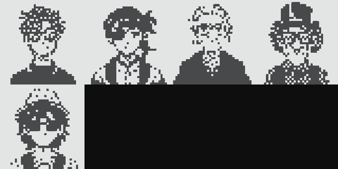 Five pixel art character portraits rendered in black and white are arranged on a light gray background, with the top row containing four characters and the bottom row containing one.