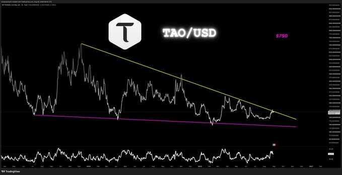 A TAO/USD price chart shows a descending triangle pattern with converging yellow and magenta trendlines compressing the price action, supporting the post's claim that a breakout is imminent and the $750 level is acting as a magnet for price.