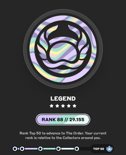 'LEGEND' rank badge in purple and iridescent colors at Rank 88 // 29,155, with a progress bar showing 'TOP 50' advancement requirement.