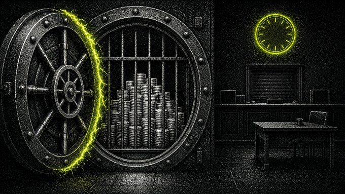 A dark, stylized digital illustration depicting a glowing green vault door partially open to reveal stacks of coins, set against a shadowy room with a desk and a glowing green clock on the wall.
