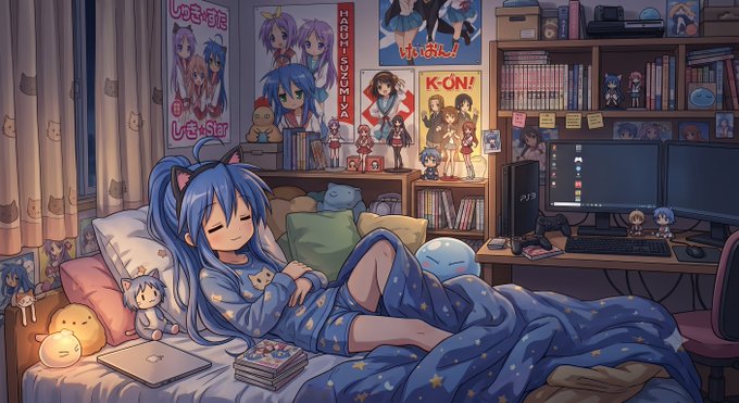 An anime-style illustration of a blue-haired girl sleeping in bed wearing pajamas, surrounded by plushies, with anime posters and a gaming PC setup visible in her room.