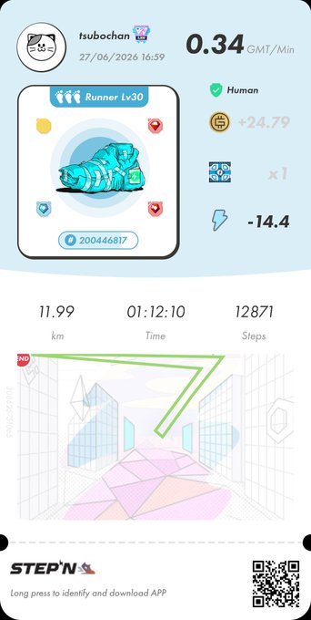 A STEP'N move-to-earn fitness app screenshot showing a Level 30 Runner sneaker NFT, 11.99 km walked in 01:12:10, earning 0.34 GMT/min.
