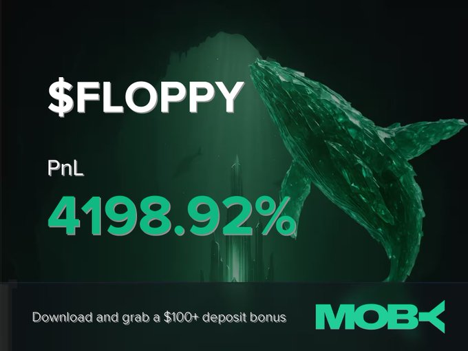 A promotional graphic from Moby features a green geometric whale beside the text "$FLOPPY" and a "PnL 4198.92%" win alert, highlighting a trader who closed a $FLOPPY position with that massive gain after the token's market cap surged from $134.73K to $602.63K. A banner at the bottom invites viewers to download the app and claim a $100+ deposit bonus.