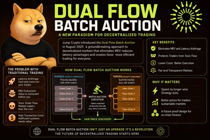 An infographic titled 'DUAL FLOW BATCH AUCTION: A NEW PARADIGM FOR DECENTRALIZED TRADING' featuring a Shiba Inu mascot in a black shirt, explaining the mechanism introduced by Jump Crypto to eliminate MEV and latency arbitrage.
