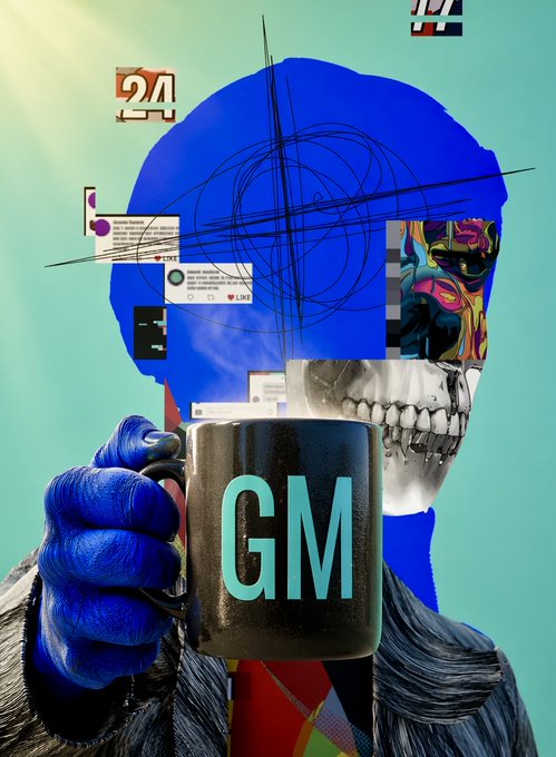 A blue, alien-like figure wearing black sunglasses holds a black mug displaying 'GM' in light blue letters, set against a mint green background with various collage elements.