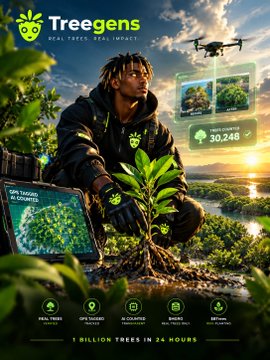 A promotional image for 'Treegens - Real Trees. Real Impact' shows a person in a forest with a drone and digital screens displaying '30,246' trees, with a claim of '1 Billion Trees in 24 Hours.'