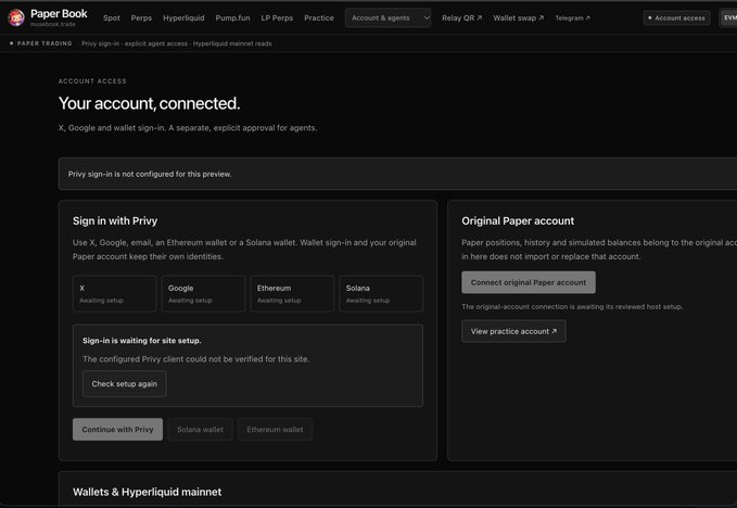 A dark webpage headed “Paper Book” shows an “ACCOUNT ACCESS” page with the heading “Your account, connected.” and panels for “Sign in with Privy” and “Original Paper account.”