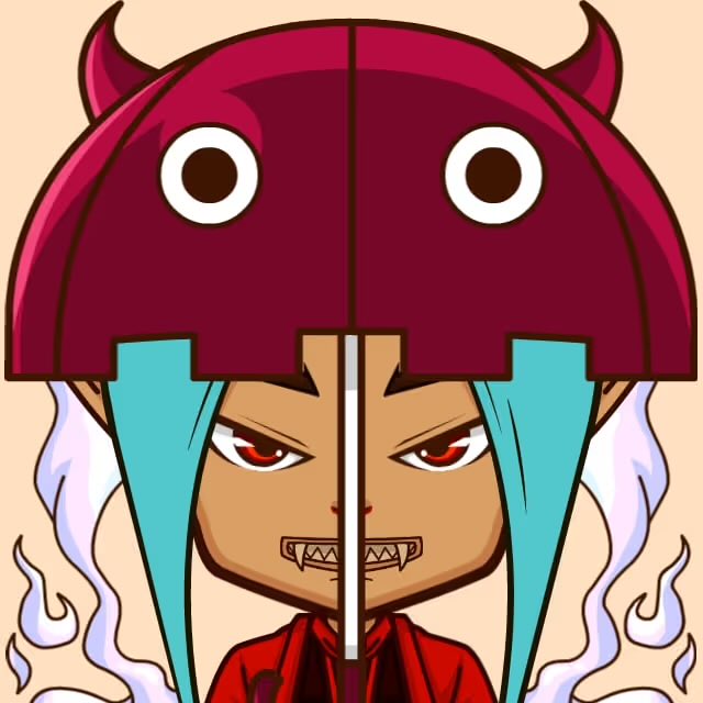 An anime-style illustration of a character wearing a red horned helmet with an intense, sharp-toothed expression.