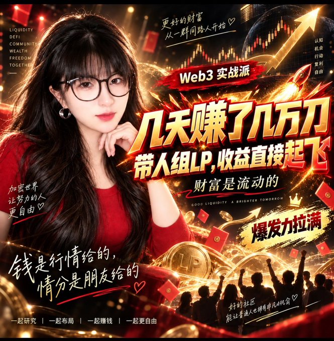 A promotional graphic featuring a woman in a red top and glasses, surrounded by crypto/Web3 imagery including rising charts, coins, and red envelopes, with bold Chinese text such as "Web3 实战派" (Web3 Practitioner), "几天赚了几万刀" (Earned tens of thousands of dollars in a few days), and "带人组LP，收益直接起飞" (Leading others to form LP, yields soaring), aligning with the post's theme of showcasing substantial crypto earnings and LP (liquidity pool) strategies as proof of success during a bull market.