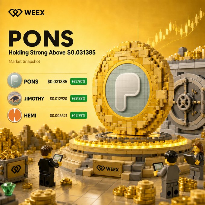 A vibrant WEEX market snapshot showcases PONS holding strong above $0.031385 (+87.90%), with JIMOTHY at $0.012920 (+89.38%) and HEMI at $0.006521 (+43.79%), all displayed around a large golden P-branded coin monument where Lego-style figures analyze the data, inviting viewers to predict which crypto will lead next.