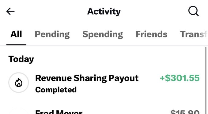A screenshot of a mobile app's "Activity" page shows a completed "Revenue Sharing Payout" of "+$301.55" credited today, supporting the creator's claim of receiving their biggest payday thanks to their followers and the @XMoney platform.