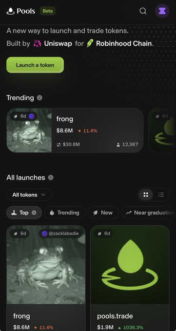 A screenshot of the Uniswap Pools platform on Robinhood Chain, showing trending token "frong" with a market cap of $30.8M (down 11.4%) and 12,367 holders, alongside "pools.trade" token at $1.9M (up 1036.3%). The image supports the post by showcasing the new Uniswap Pools launch on Robinhood Chain, with frong appearing as a trending token worth investigating for potential opportunities.
