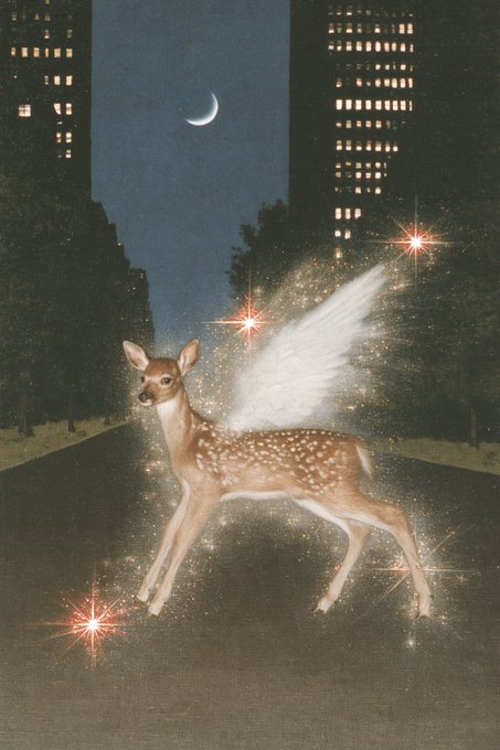 A dreamlike illustration shows a winged fawn with sparkling stardust standing on a road flanked by lit skyscrapers, beneath a crescent moon in the night sky.
