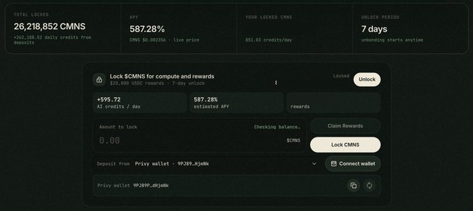 A cryptocurrency dashboard interface shows staking statistics with 'TOTAL LOCKED' of 26,218,852 CMNS, an 'APY' of 587.28%, a 'YOUR LOCKED CMNS' balance, and a 'UNLOCK PERIOD' of 7 days, along with options to lock CMNS for compute and rewards.