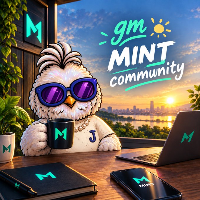 An illustrated mascot of a fluffy white bird wearing purple sunglasses, holding a mug with an 'M' logo, surrounded by tech items and text reading 'gm MINT community'.