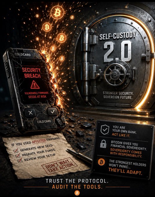 A dramatic digital poster warning about a 'SECURITY BREACH' and 'VULNERABLE FIRMWARE SEEDS AT RISK' for a Coldcard Bitcoin hardware wallet, with vault imagery reading 'SELF-CUSTODY 2.0' and 'TRUST THE PROTOCOL. AUDIT THE TOOLS.'