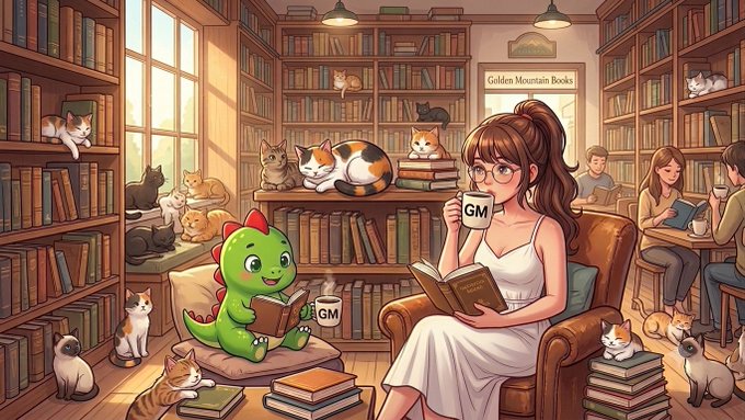 A cartoon-style illustration of a cozy bookstore called 'Golden Mountain Books' where a woman with glasses reads a book in an armchair, a small green dinosaur reads nearby, and multiple cats rest on shelves and books.