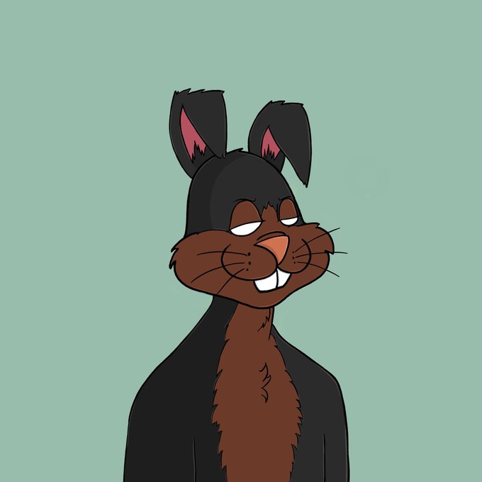 A digital illustration of a dark brown and black rabbit-like cartoon character with pink-lined ears, smiling on a light green background.