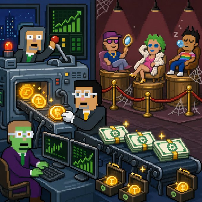 A pixel art scene depicts a crypto-themed factory where workers process gold coins and stacks of cash, while a VIP area holds lounging characters.
