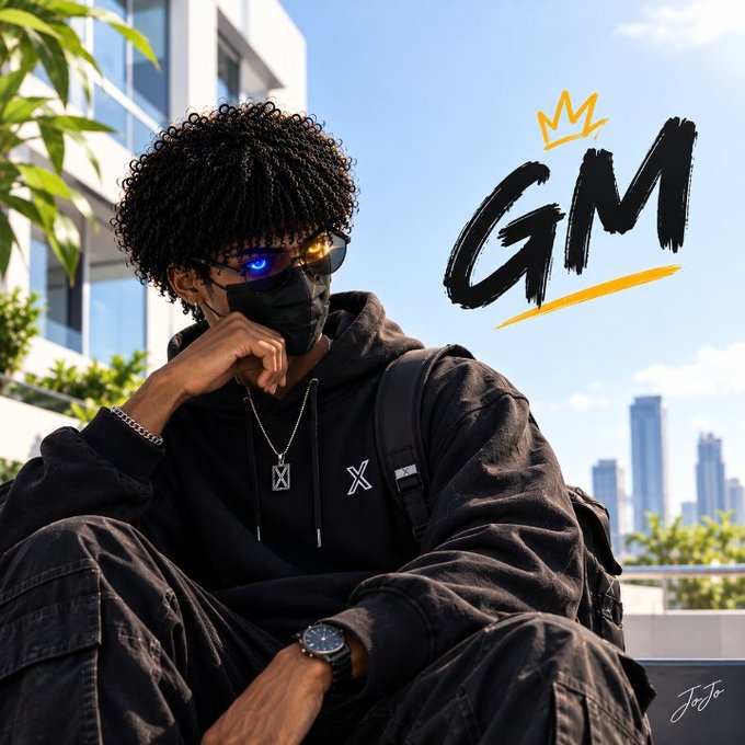 An illustrated portrait of a young man with curly hair wearing sunglasses and a black face mask, sitting in an urban setting with a 'GM' logo featuring a small crown beside him.