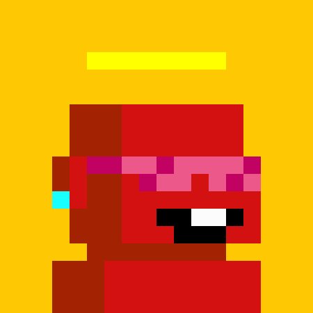 A pixel art image depicting a red character with a yellow halo against a yellow background.