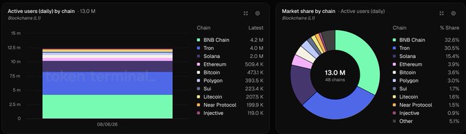Token Terminal blockchain analytics dashboards showing active users (daily) by chain at 13.0M total, with BNB Chain leading at 4.2M, and market share breakdown by chain.