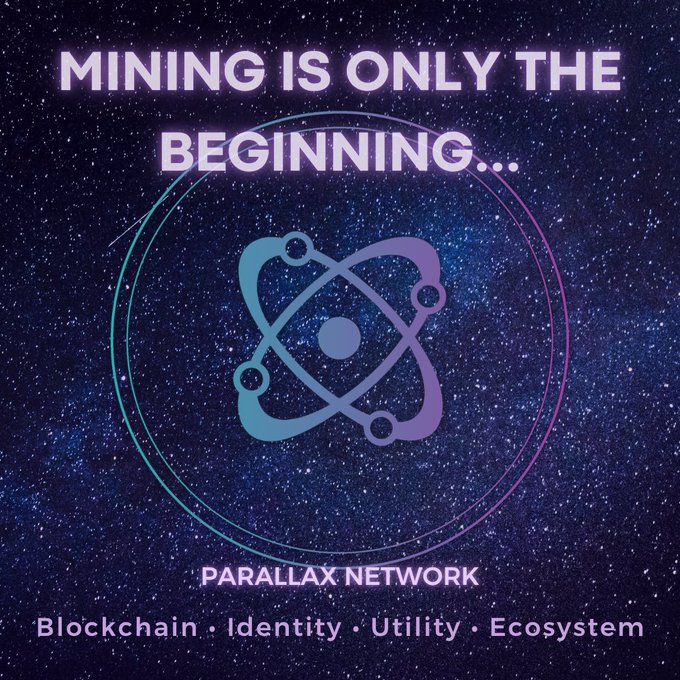 A cosmic-themed promotional graphic for Parallax Network displays the tagline "MINING IS ONLY THE BEGINNING..." above an atom-like logo, with the text "PARALLAX NETWORK" and the descriptors "Blockchain • Identity • Utility • Ecosystem" at the bottom. The space backdrop and futuristic design reinforce the post's message that Parallax ($PAX) is building far beyond simple mobile mining, emphasizing its long-term vision as a full ecosystem with blockchain infrastructure and real-world utility.