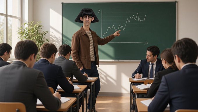 A classroom scene where a teacher wearing a distinctive wide-brimmed hat points to a sharply rising chart on a chalkboard, instructing a class of attentive students—humorously mirroring the post's "no-brainer" confidence in the bullish $FRANK price action on Solana.
