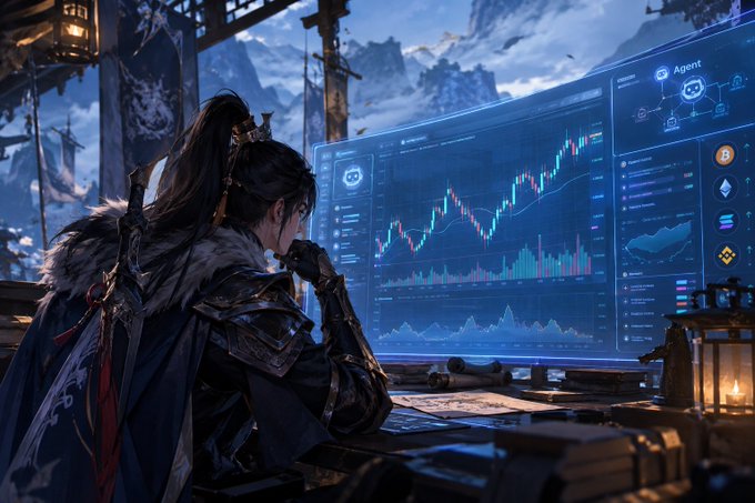 A digital illustration of an anime-style warrior character in dark armor and a fur-collared cape, viewed from behind, intensely analyzing a large transparent holographic trading dashboard displaying candlestick charts and an 'Agent' panel with cryptocurrency icons.