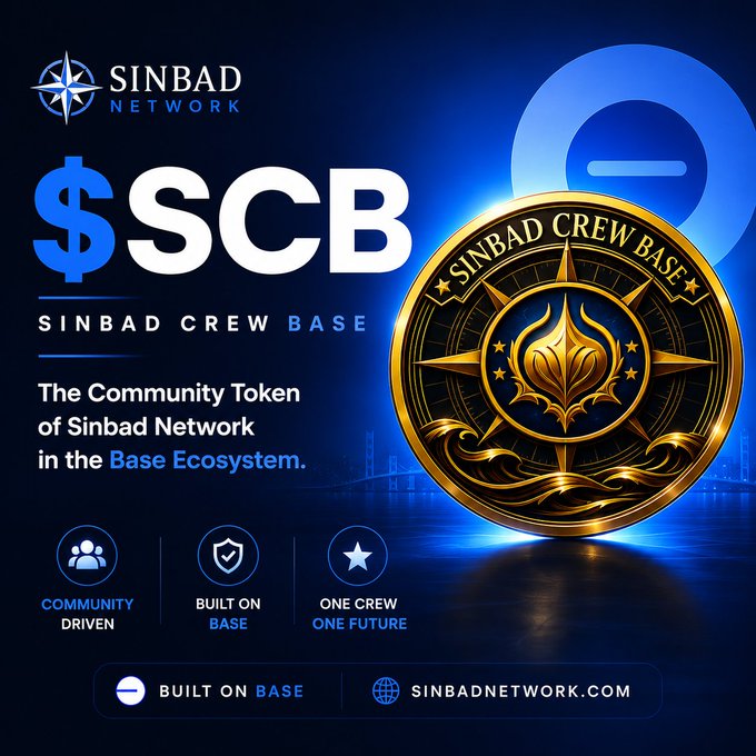 A promotional graphic for the '$SCB' token, described as 'The Community Token of Sinbad Network in the Base Ecosystem,' featuring a gold 'SINBAD CREW BASE' coin.