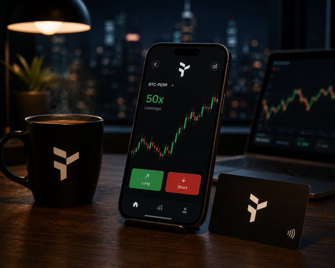 A trading setup at night featuring a phone displaying a BTC-PERP chart with "50x Leverage" and Long/Short buttons, alongside a branded mug and card.
