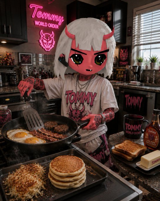 An animated/chibi-style character with white hair and red horns wearing a 'TOMMY WORLD ORDER' shirt cooks breakfast in a kitchen decorated with neon signs and Tommy merchandise.