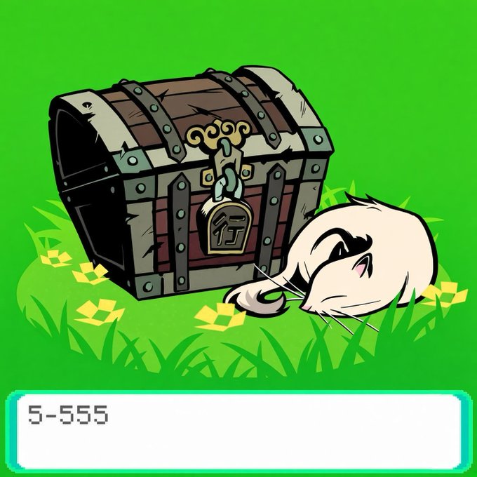 A stylized game illustration of a closed treasure chest with a padlock beside a white cat curled up in grass, with a text box displaying 'S-555'.