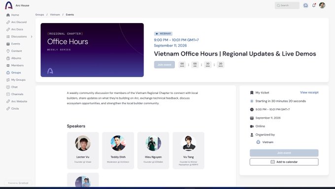 Screenshot of an 'Arc House' event page for 'Vietnam Office Hours | Regional Updates & Live Demos' on September 11, 2026 at 9:00 PM GMT-7, featuring speakers Lester Vu, Teddy Dinh, Hieu Nguyen, and Vu Tang.