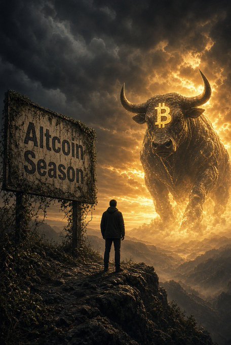 A person stands on a cliff overlooking a misty valley, facing a giant golden bull with a Bitcoin symbol on its forehead and a sign reading "Altcoin Season" against a dramatic sunset sky.