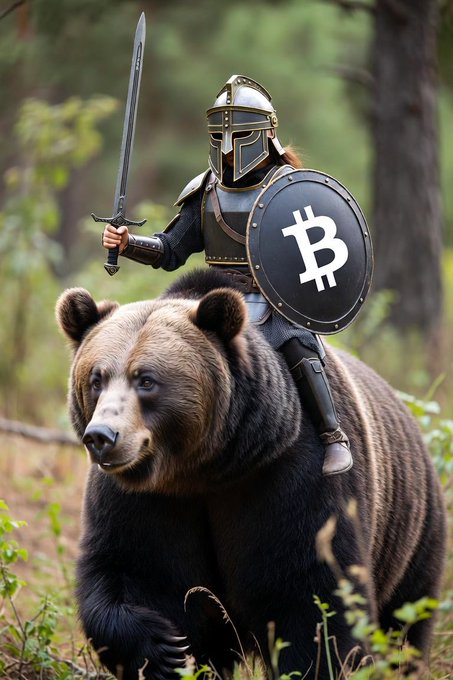 AI-generated image of a knight wearing a helmet and armor with a Bitcoin logo on the shield, holding a sword while riding a large brown bear in a forest.