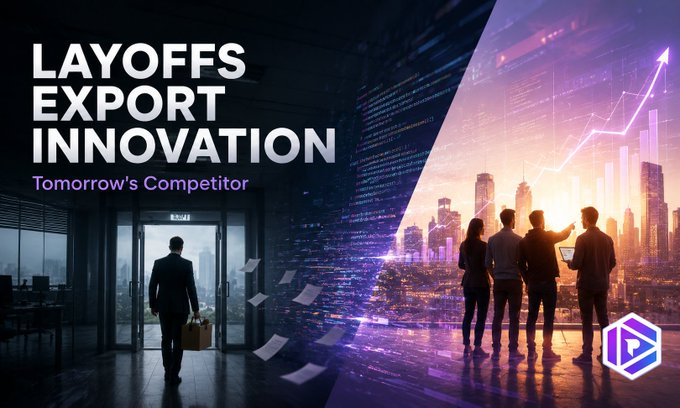 A business-themed graphic titled 'LAYOFFS EXPORT INNOVATION - Tomorrow's Competitor' showing a silhouette of a person leaving an office contrasted with businesspeople viewing an upward-trending chart.